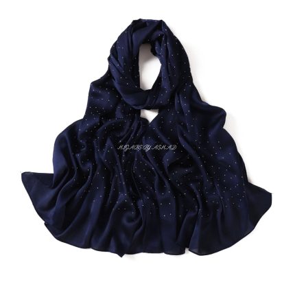 Elegant Crinkle Silk Hijab with Diamond Work – Dark Blue
