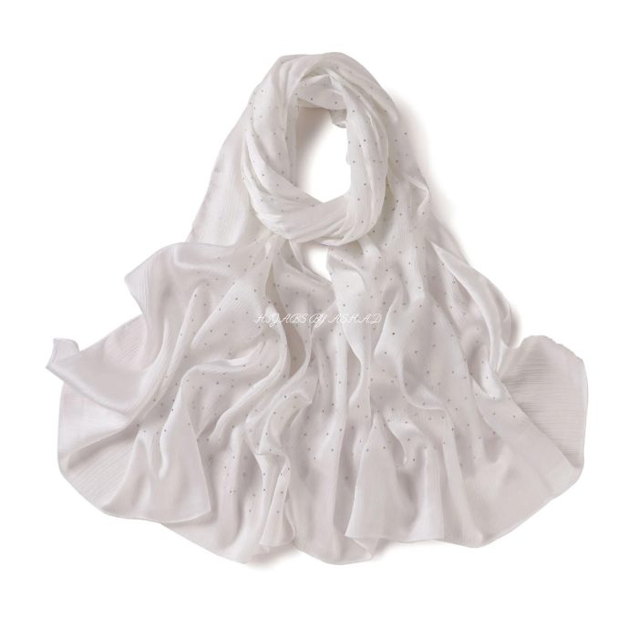 Elegant Crinkle Silk Hijab with Diamond Work – Milki White