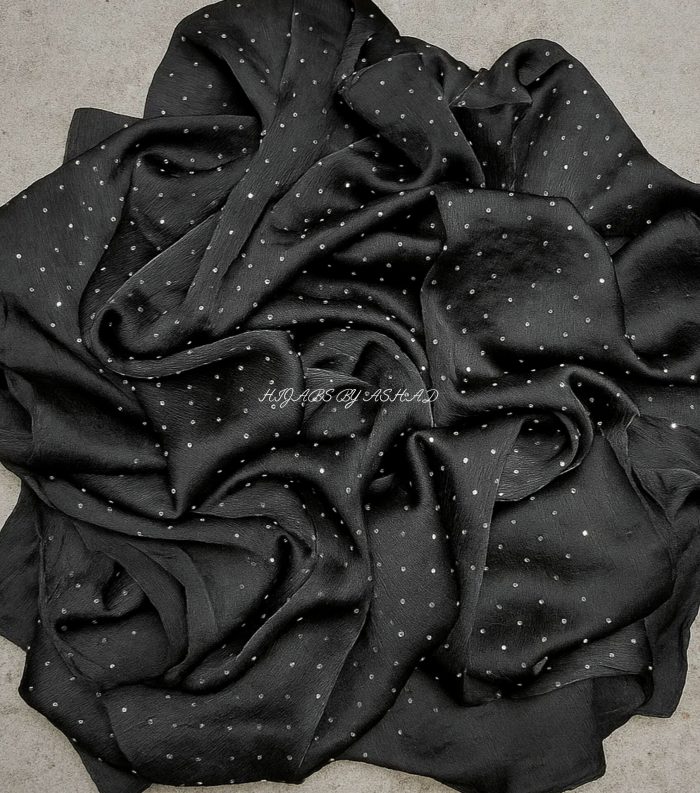 Elegant Crinkle Silk Hijab with Diamond Work – Black